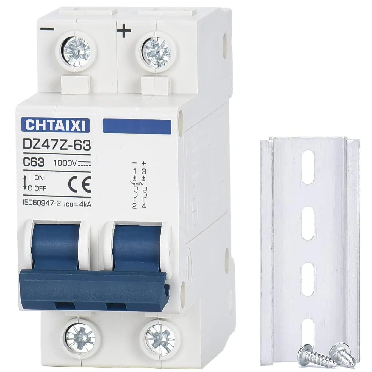 DC Miniature Circuit Breaker, 2 Pole 1000V 63 Amp| DIN Rail Mount Isolator for Solar PV System, Thermal Magnetic Trip DC Disconnect Switch C63