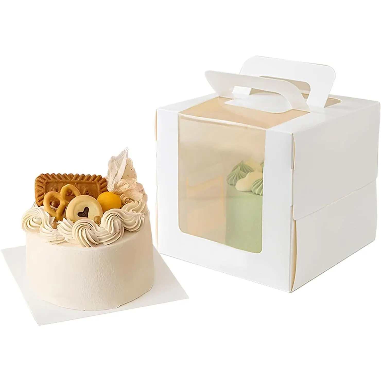 20 Pcs 6x6x5 Inch White Cake Boxes with Window & Handle & Cake Boards, Easy Carrying Plastic Cake Containers, Cake Holder Carriers for Birthday Christmas Birthday Wedding, Party, Gift