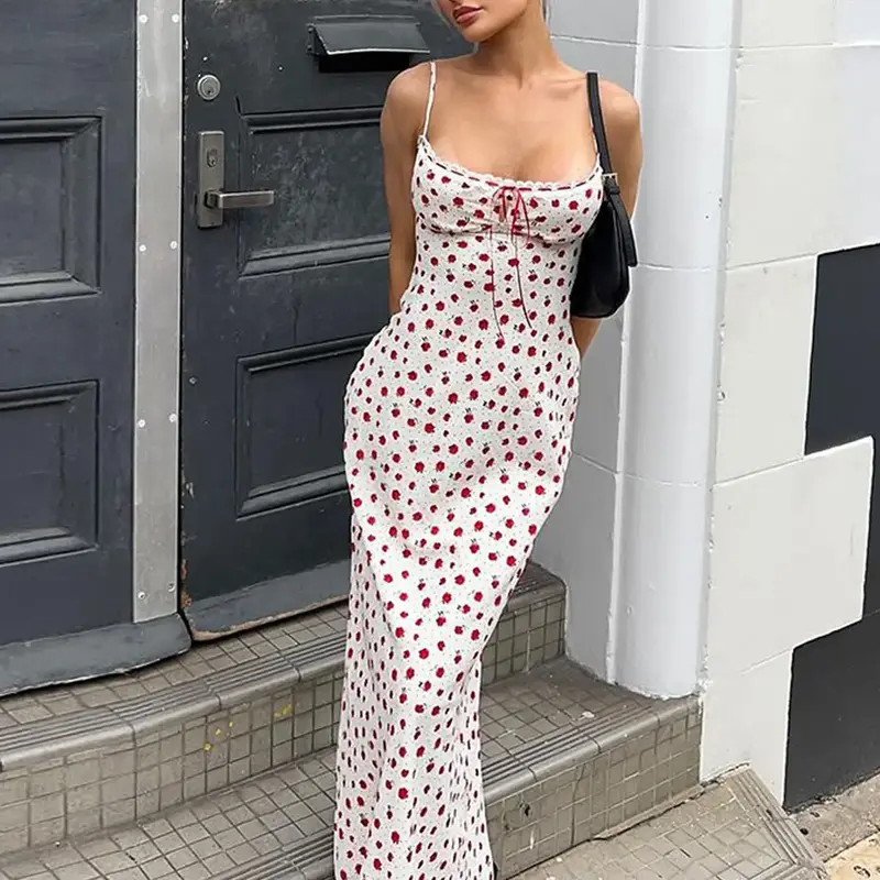 Ditsy Floral Print Bohemian Boho Sleeveless Bodycon Cami Slip Dress Lace Splicing Adjustable Lace Up Backless Tie Dress Summer Beach Vacation Party Club Long Dresses For Women