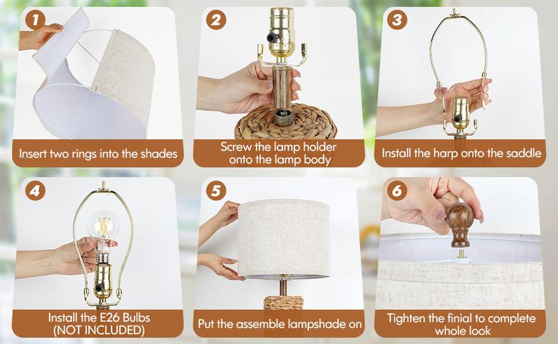 Set of 2 Rattan Table Lamps for Living Room with 2 USB Ports, 27in Tall Bedroom Lamp Costal Farmhouse, Rustic Woven Seagrass Bedside Nightstand Lamps for End Table, E26 Socket&Rotary Switch, No Bulb