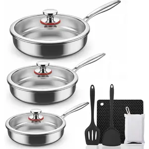 Tri-Ply Stainless Steel Frying Pan Set With Lids, 13pcs Stainless Steel Cookware Set with Detachable Handle, Induction Compatible Skillets for All Stovetops, Dishwasher and Oven Safe, Sliver