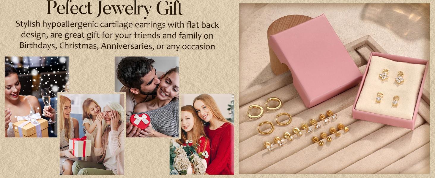 CASSIECA 10Pairs Earrings 14K Gold Plated Earrings for Women Hypoallergenic Surgical Steel Earrings Sensitive Ears Silver Flat Back Cartilage  Stacks with Charms for Multiple Piercing Jewelry