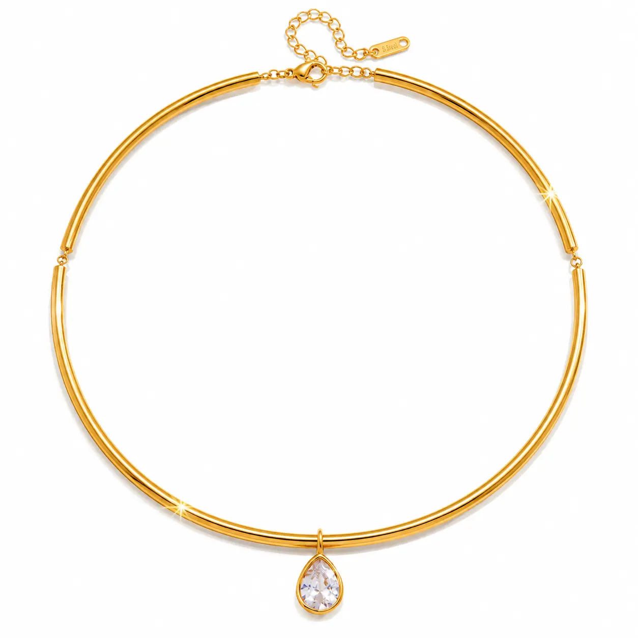 Women’s 18K Gold Plated Stainless Steel Collar Necklace with Teardrop Crystal Pendant, Minimalist Choker Necklace Waterproof Hypoallergenic Jewelry for Everyday Wear Gift for Women
