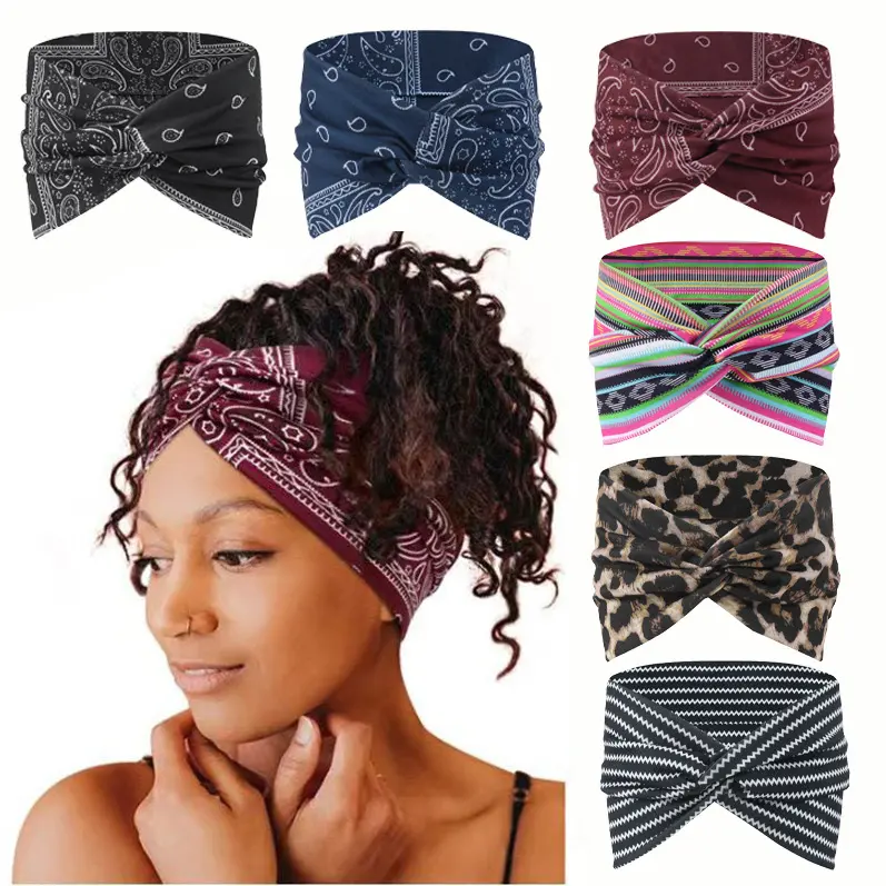 6PCS Boho Wide Headbands for Women Girls Non Slip Soft Elastic Twisted Turban Headband Stylish Leopard Print Bandana Headband Yoga Running Sports Head Wraps Workout Gym Hair Accessories