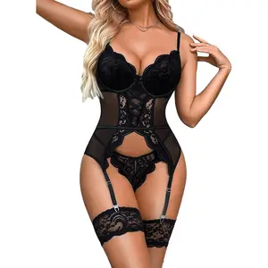 Goddess wardrobe Donnalla Lingerie For Women with Garter Belt Sexy One Piece Lace Bodysuit Teddy with Panty