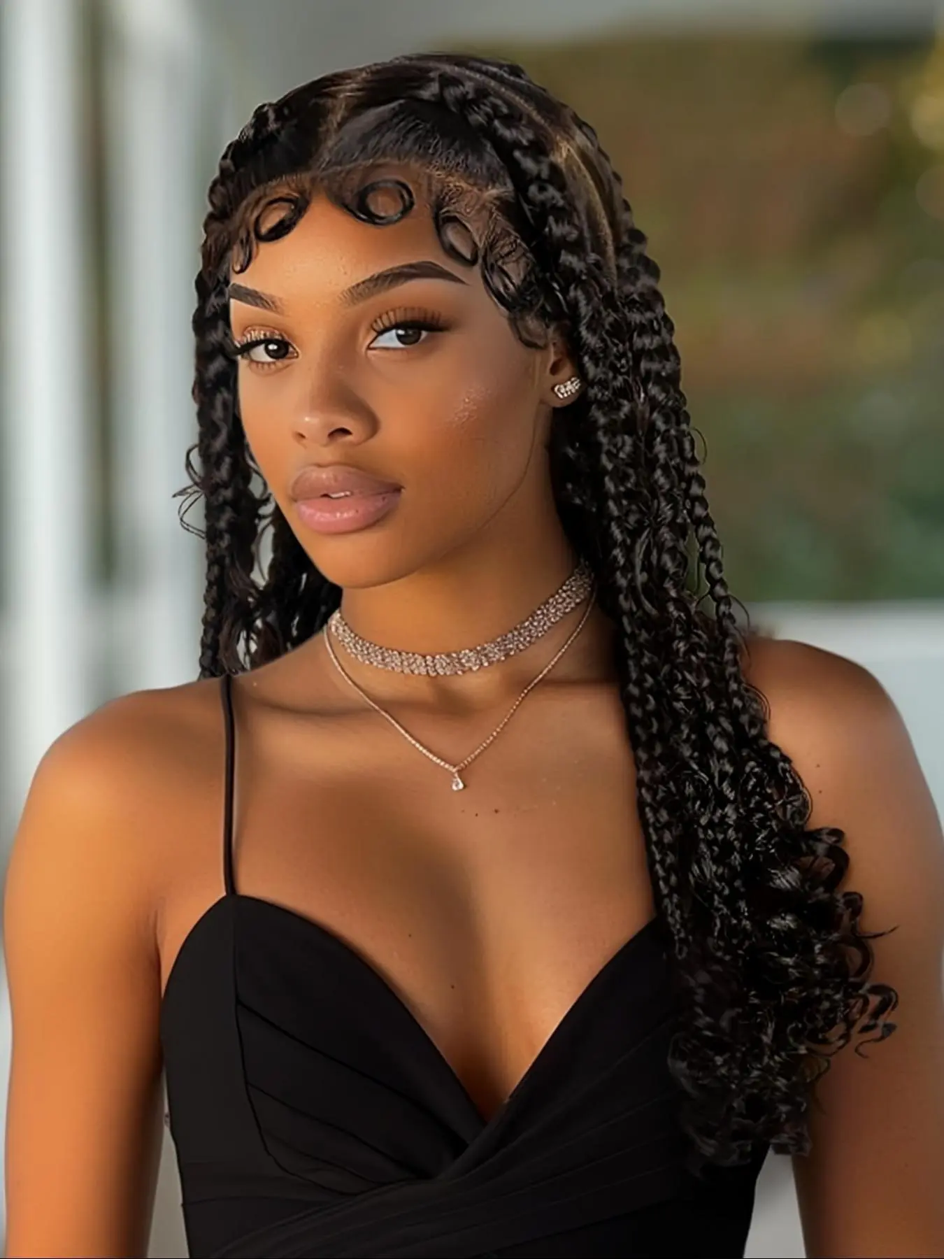 18 Inch Black Long Coily Rope Braided Wigs for Women, Gorgeous Fashion Fluffy Wigs with Baby Hair Bangs, Synthetic Braided Lace Wigs for Party, Daily Use