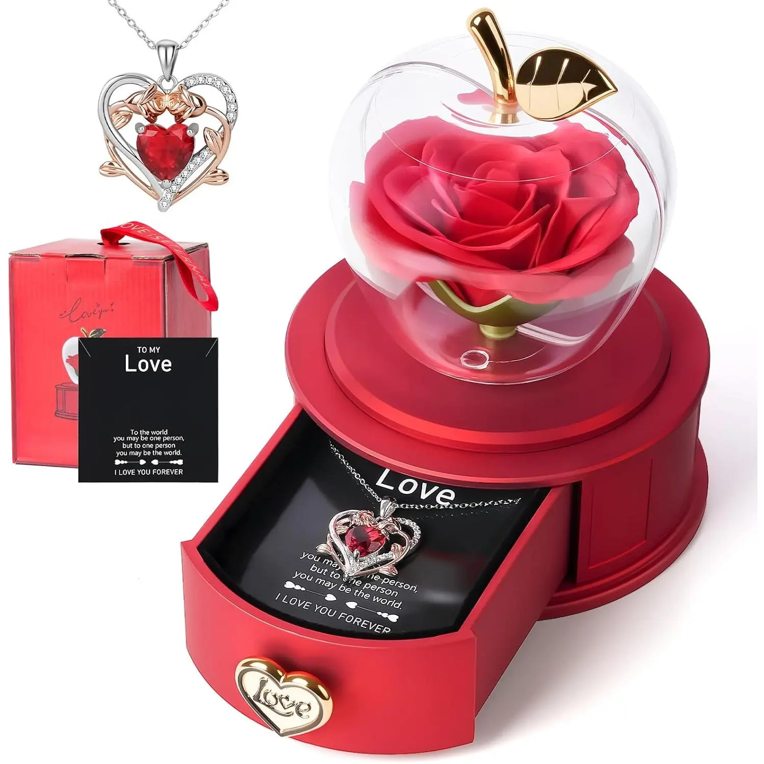 Preserved Real Rose with Necklace,Preserved Roses with Necklace,Forever Roses,Preserved ,Gifts for Mom,Rose in A Box,Romantic Gifts for Her (Red)