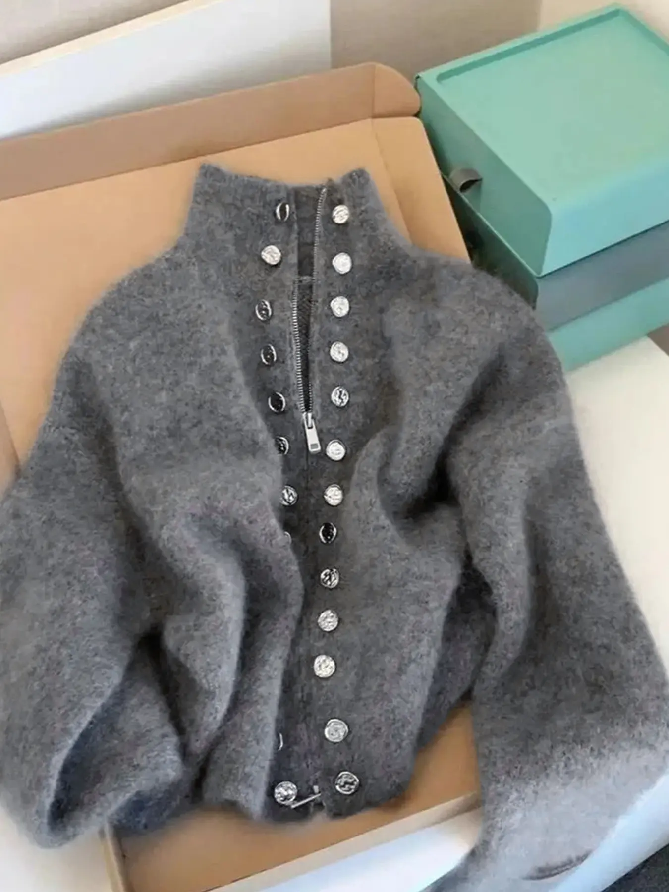 Elegant Chic Women's Knitted High Neck Cardigan, Fashion Fitted Cardigan, Long Sleeve Ribbed Design, Faux Button Detail, Perfect for Spring & Fall Fashion, Knitwear