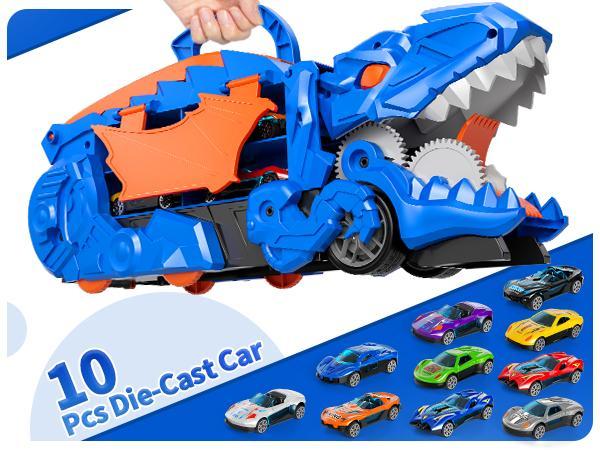 Foldable Transformable Dinosaur Truck with 12 Die-cast Cars, Slide Forward, Car Track, Transport Set, Best Gift for Birthday/Christmas, High Quality Design Party Party Holiday Gift