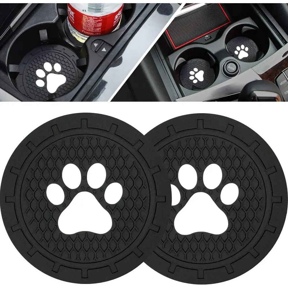 Car Interior Accessory Paw Print Anti-Slip Cup Holder Coasters, 2.75" Dia. Synthetic Mats, Pack of 2 for Cars/SUVs