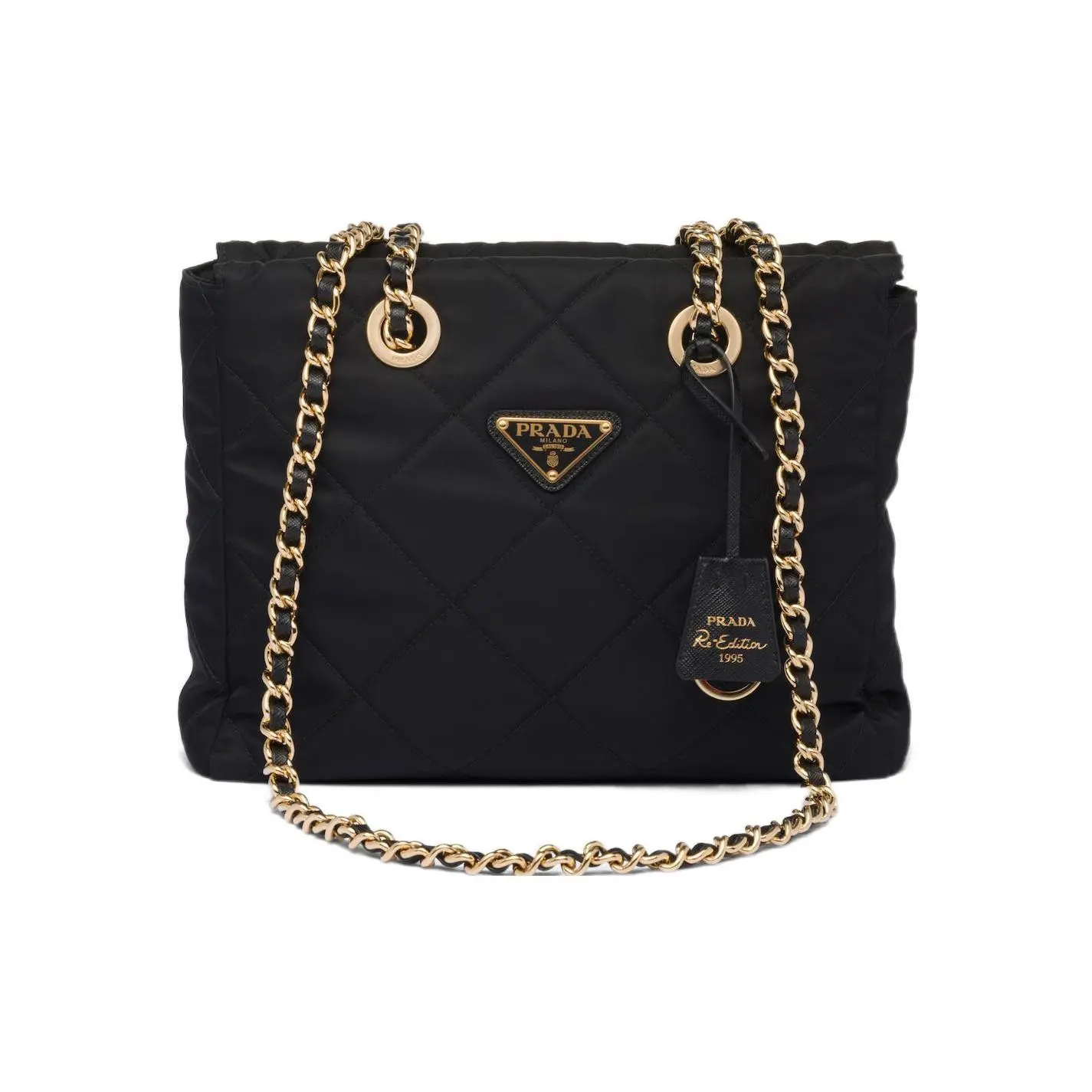 Prada Re-Edition 1995 Chain-Emblem Chevron Tote Bag for Women in Black Recycled Nylon