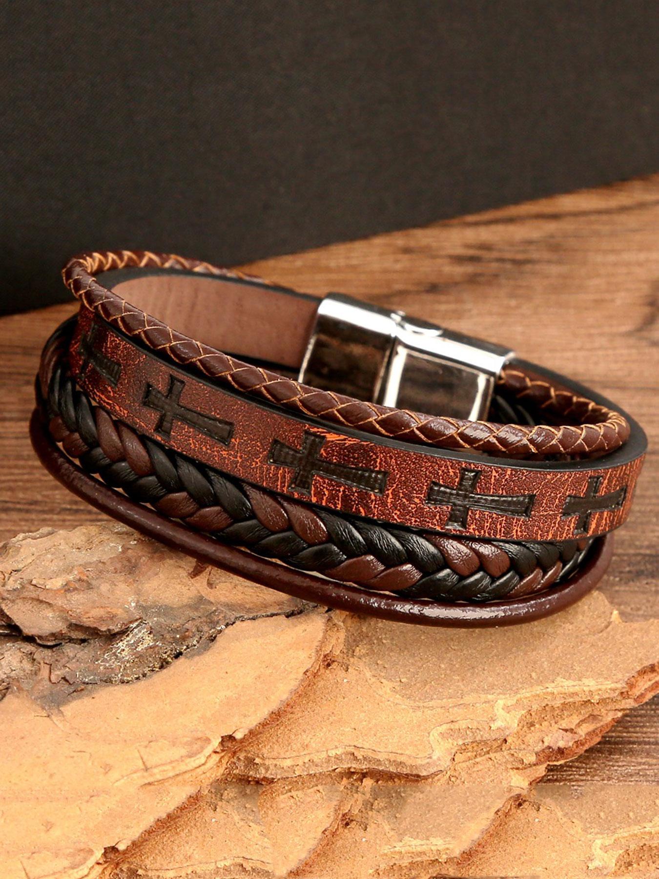 Men's Vintage Cross Design Braided Leather Bracelet, Street Style Party Jewelry Accessories, Daily Clothing Decor, Birthday Holiday Gift