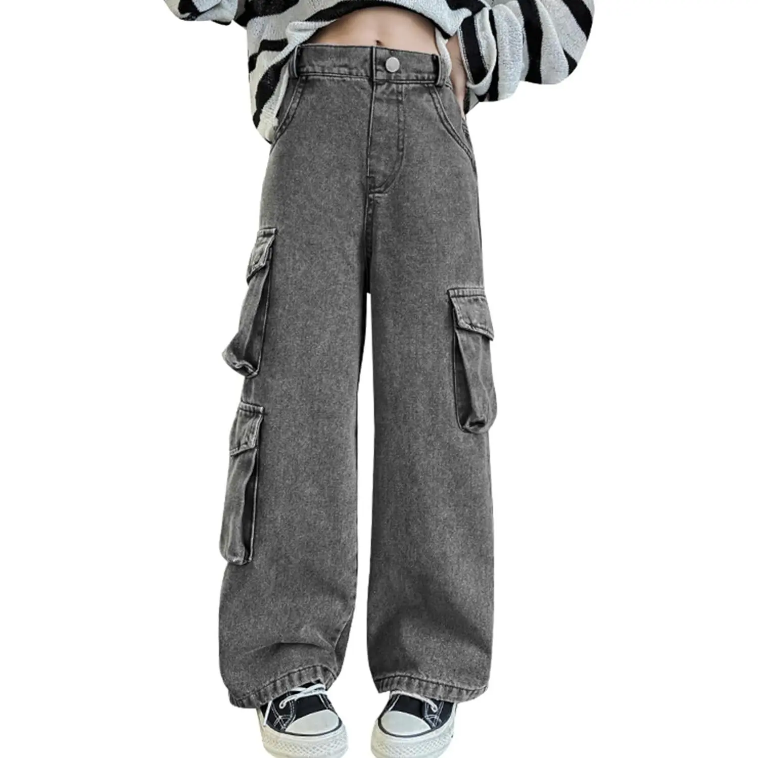 Girls Jeans Baggy Elastic Waist Wide Leg Denim Pants with Pockets | Back to School Clothes,High Waist Loose Tween Jeans,Y2K Streetwear,Cargo Pockets,Daily Outfits,Casual Comfort Trousers,5-14Y