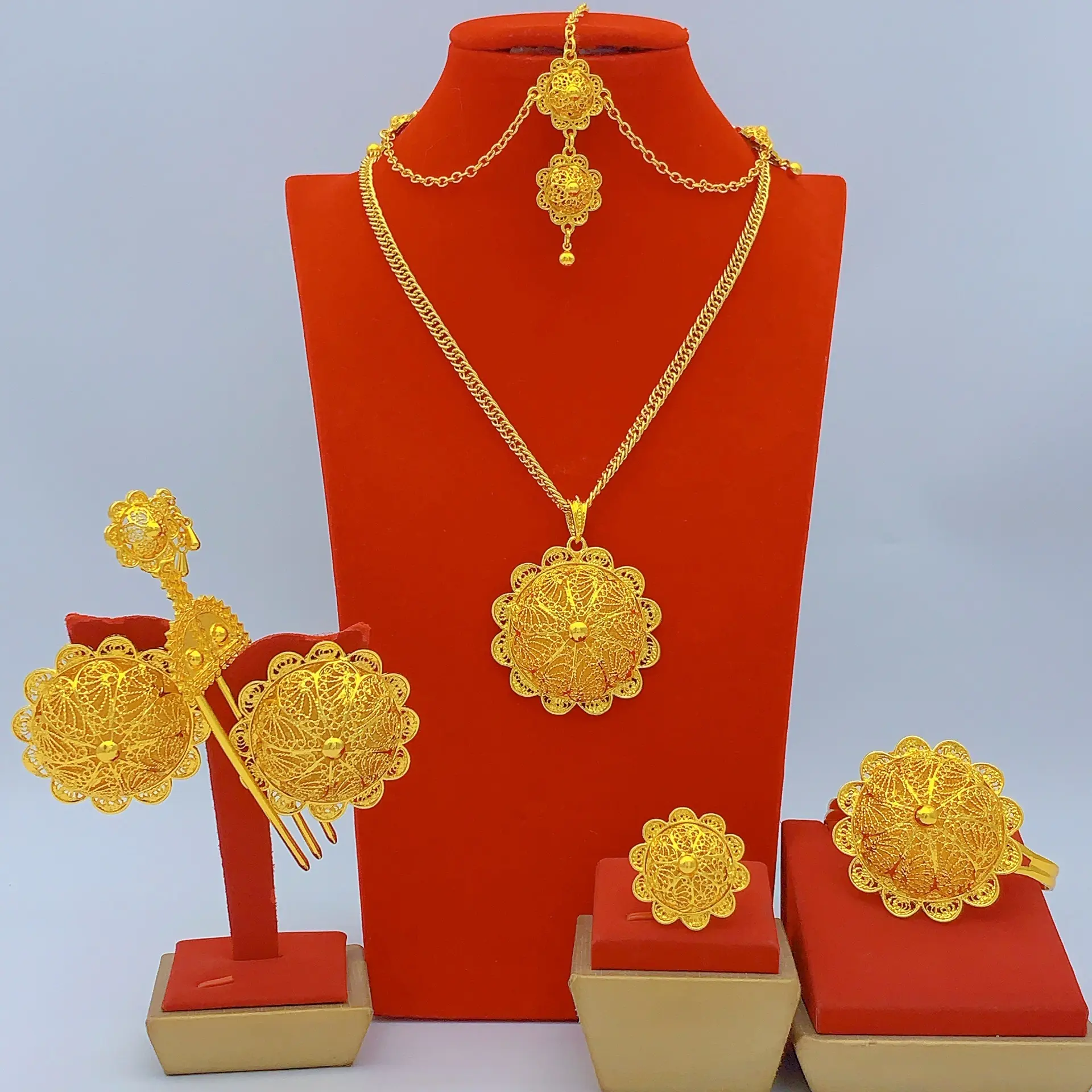 6-Piece Bridal Jewelry Set with Sunflowers, Ethnic Filigree Lace for Women, Includes Head Chain & Adjustable Ring, 6-Pieces, Bridal Wear, Bridal Event, Female Set