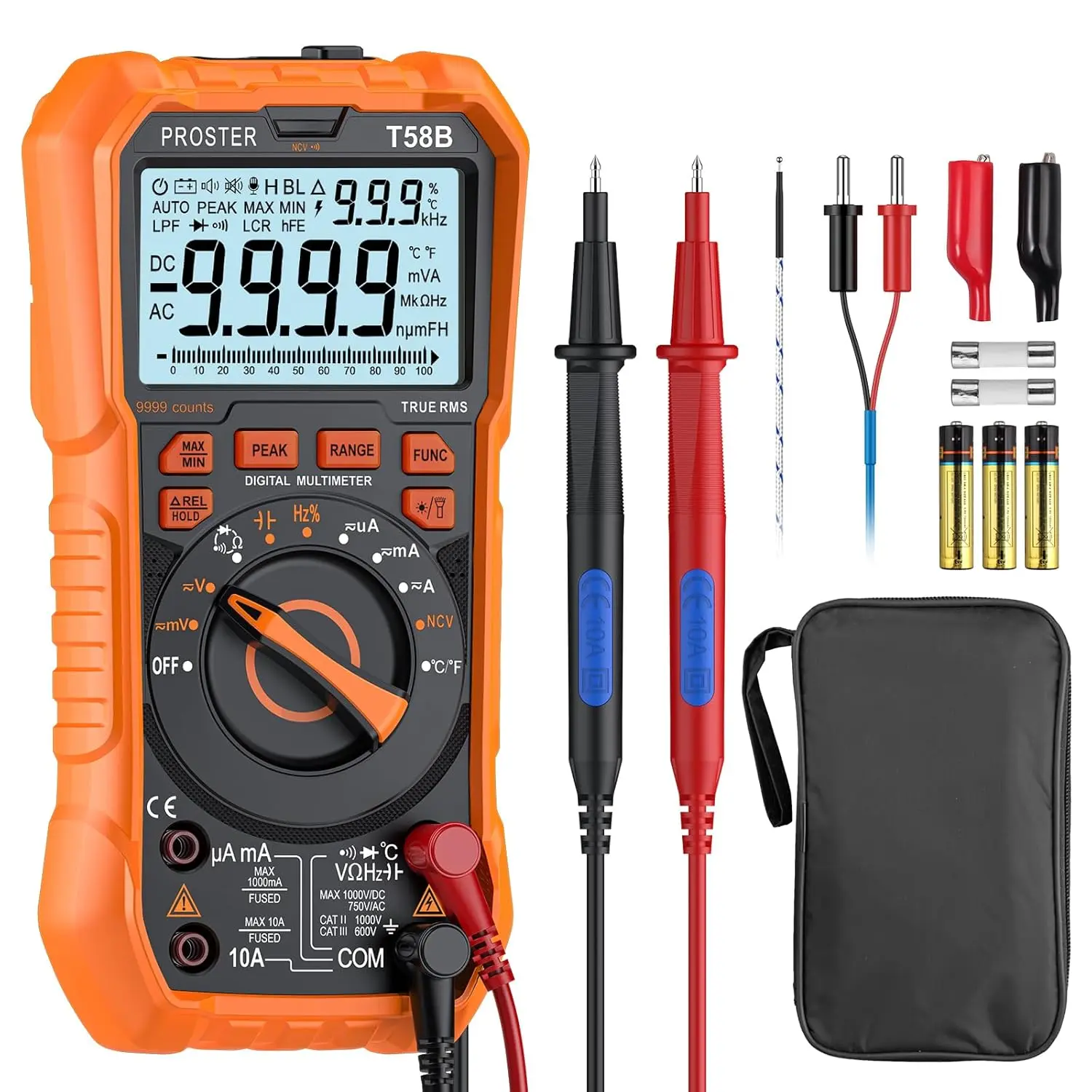 2026 Proster Multimeter 9999 Count - TRMS Auto Range NCV Detector DC AC Voltage Current Meter Temperature Capacitance Resistance Diode Continuity Tester