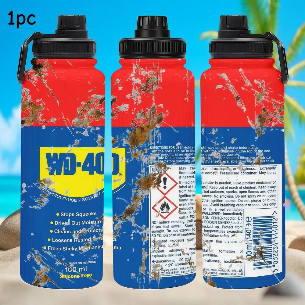 1pc 33oz stainless steel insulated cup - imitation WD-40 - retro oil-stained distressed industrial style - suitable for outdoor activities and commuting, as well as a personalized gift for holidays/birthdays, a high-quality large-capacity water cup