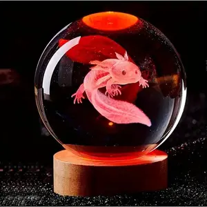 1pc 3D Axolotl Crystal Ball Lamp, Colors Changing Night Light 60mm- Axolotl Figurines Decor Glass Animals Figurine for Room Birthday Christmas Gift for Best Friend Lovers Keepsake Paperweight Gifts for Women