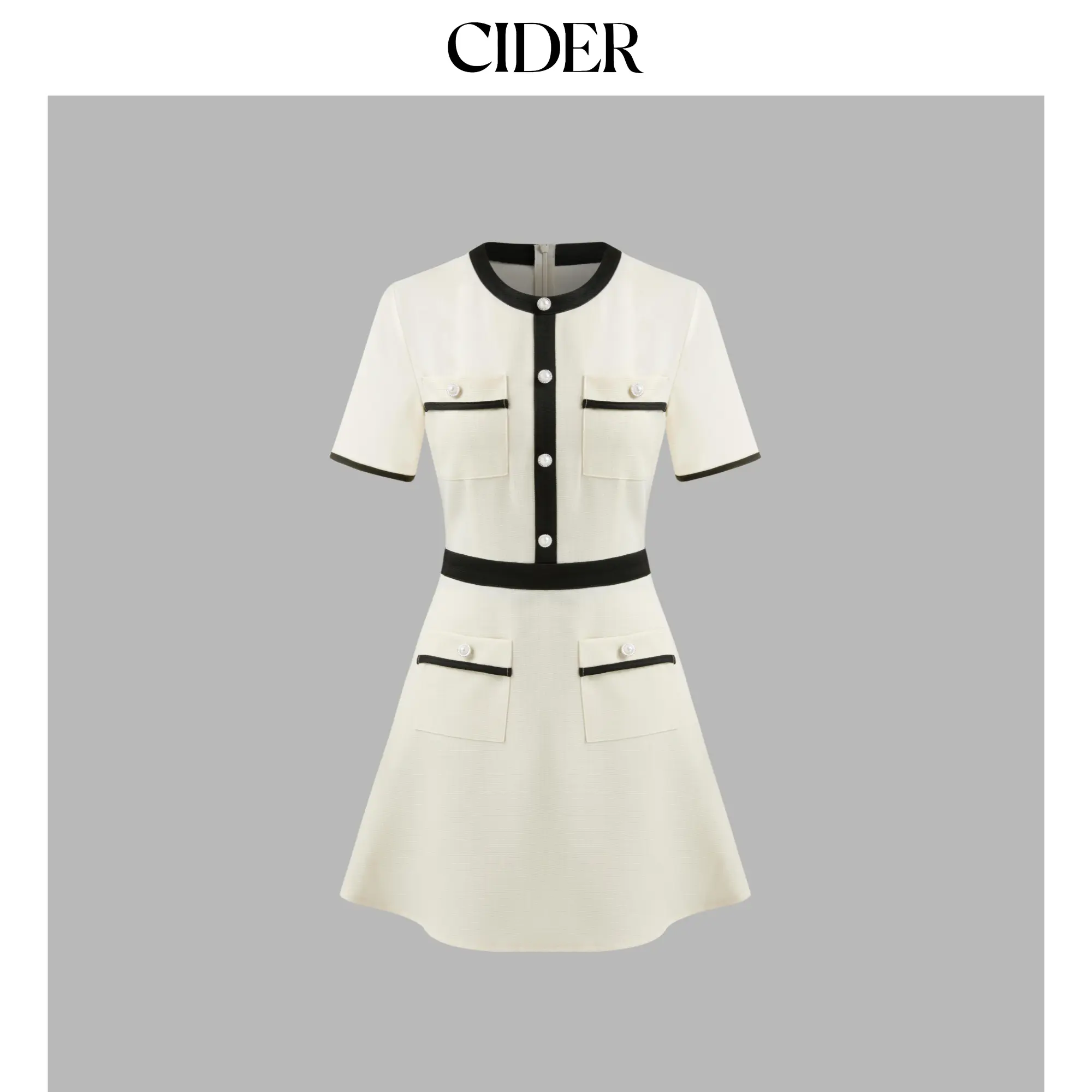 Cider [size 0-10] Tweed Round Neckline Contrasting Binding Pearl Button Mini Dress SohoChic