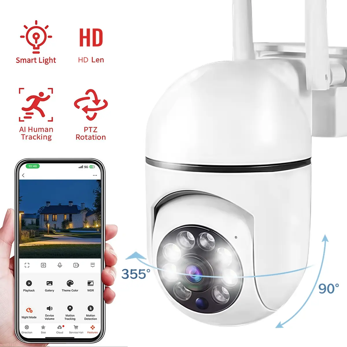Home Monitoring Security Cam,SD Card And Cloud Storage,355°Rotable Lens,Two Way Voice Talk,Color Night Vision,Motion Detection Alarm,2.4G WiFi Supported,Easy Install For Indoor Balcony Eaves Use