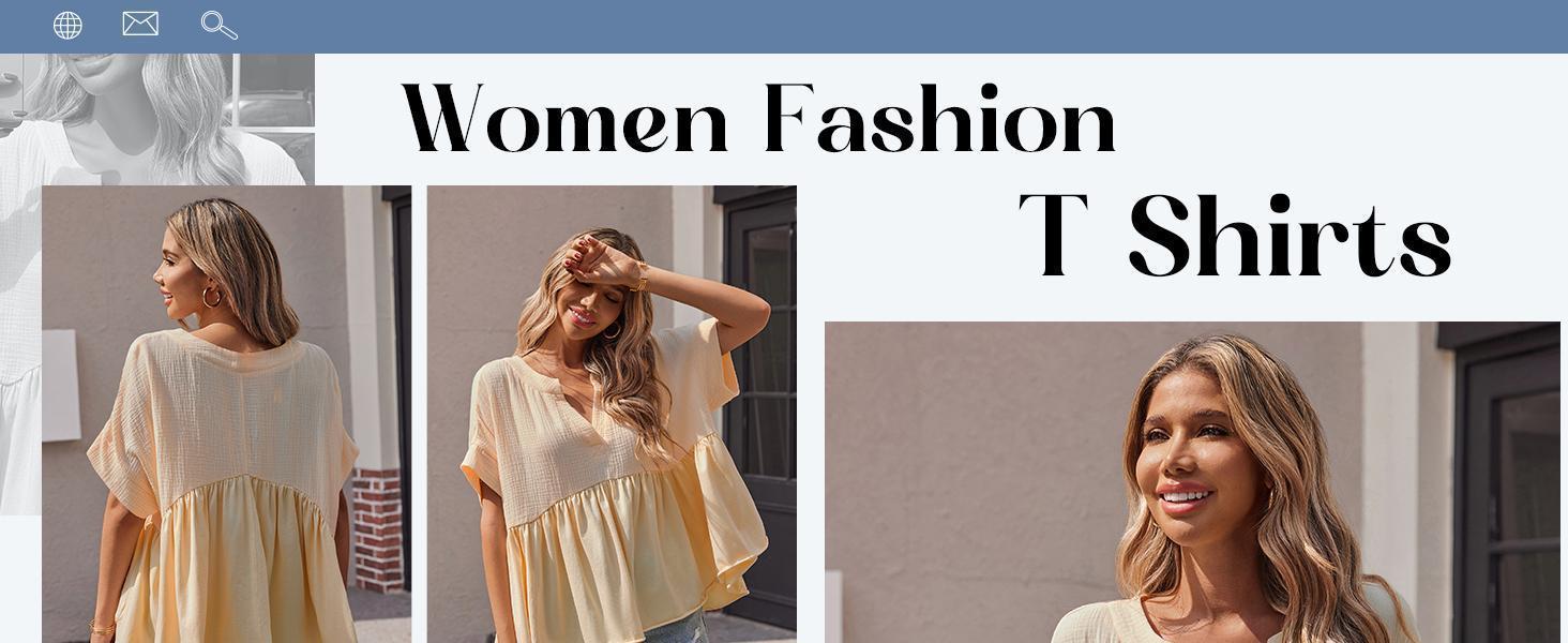 Imily Bela Womens Summer Babydoll Tops V Neck Short Sleeve Pleated Flowy Shirts Casual Loose Fit Peplum Blouse