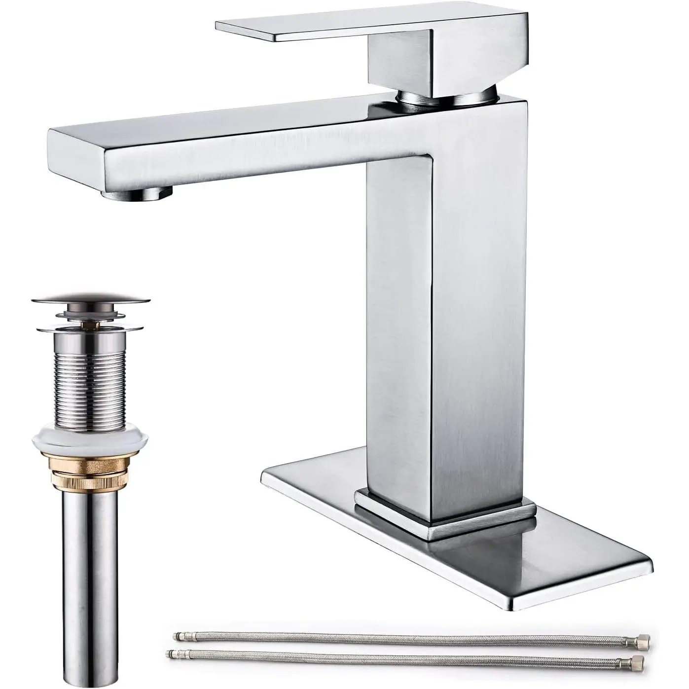 AVSIILE Brushed Nickel Single Handle Single Hole Stainless Steel Bathroom Vanity Sink Faucet with Pop Up Drain Stopper & Water Supply Hoses