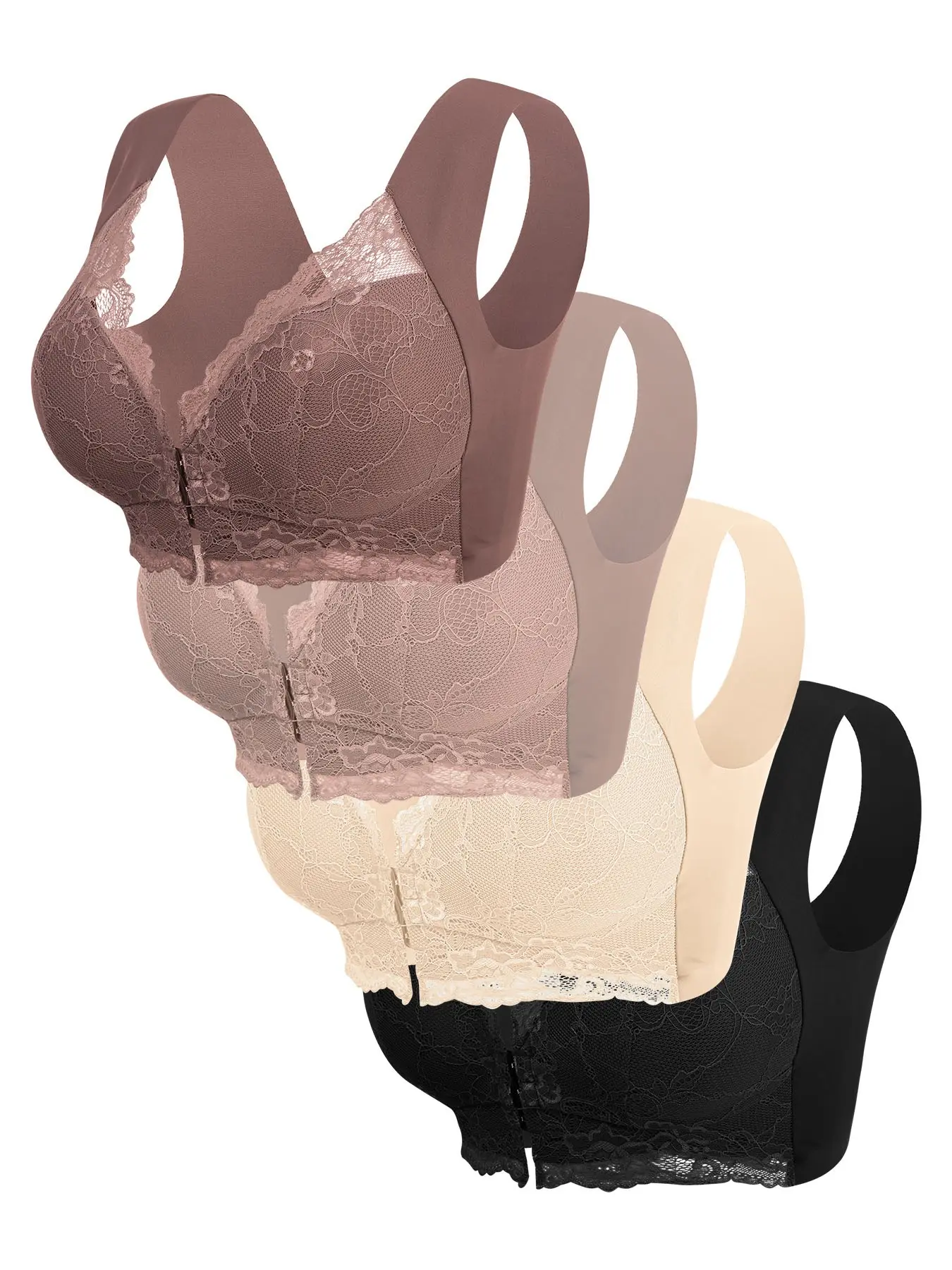 Women's 4-Pack Contrast Lace Hook Front Buckle Push-Up Bra, Soft Comfortable Elegant Breathable Wireless Lingerie, Ideal for Daily Wear