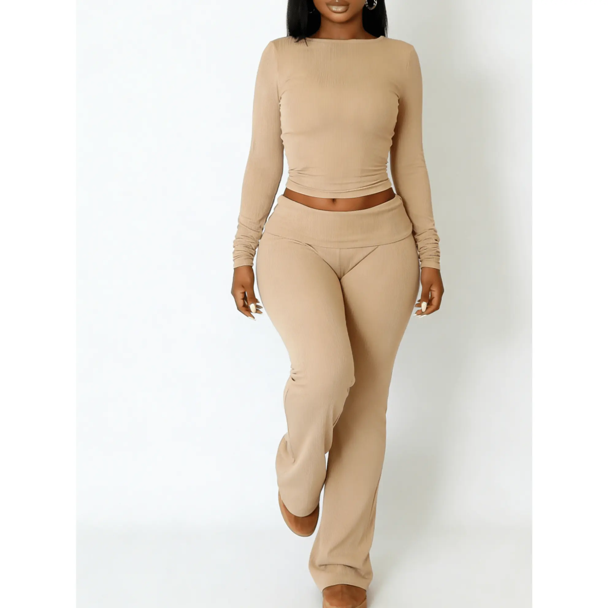 Women's Beige Cropped Long Sleeve Top & Flare Pants Two Piece Set Slim Fit Casual Spring Fall