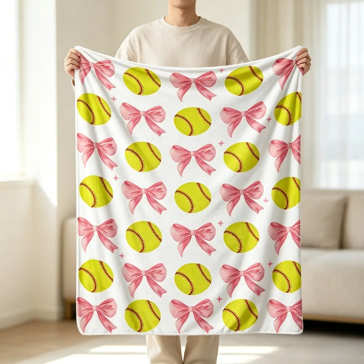 Coquette Pink Bow Softball Blanket Ultra Soft Flannel Throw Cozy Warm Sports Lover Blanket For Bedroom Sofa Travel Softball Room Decor Summer Vibes Style Adult And Children Bedding Duvet Bed Sheets Comforter Set Cooling Blankets