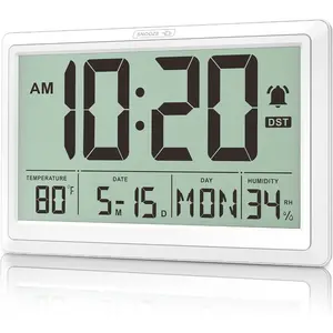XREXS 10.4 Inch Digital Wall Clock, Battery Operated Large Display Clock, Digital Calendar with Indoor Temperature/Humidity/Date/Day, Auto DST for Classroom, Livingroom, Office(No Backlight)(White)