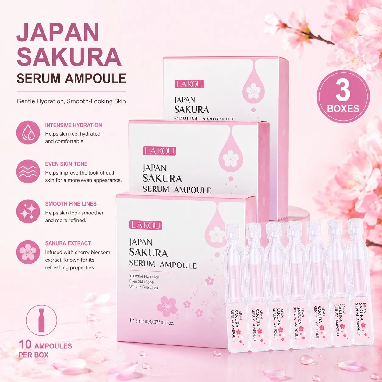 Sakura Serum Face Ampoule Niacinamide Brightening Radiance Deep Hydrating Gentle Moisture Even Uneven Skin Tone Smooth Daily Travel Portable Glass Skin Radiant Glow Skincare 30Pcs