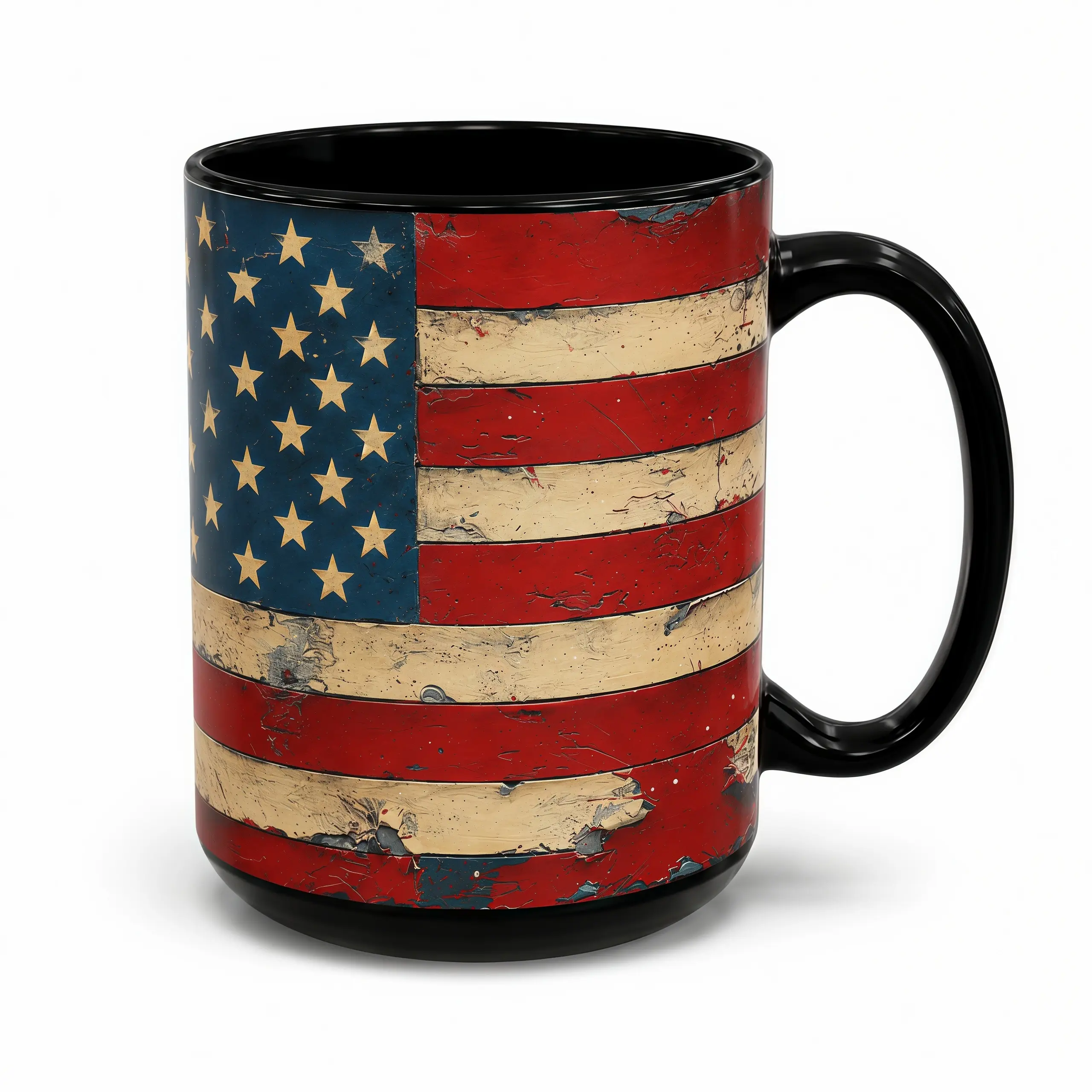 Vintage US Flag "Since 1776" Theme Ceramic Mug |   11oz 15oz Black Accent Patriotic Cup |   July 4th Independence Day Gift for Veterans, Men