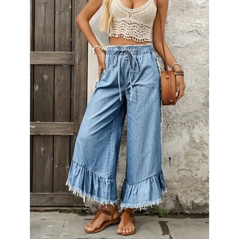 Blue Aesthetic Tie-Waist Adjustable Drawstring Denim Jeans, Loose Fit with Side Pleats & Raw Edge, Women's Clothing Bottoms for All-Season Wear