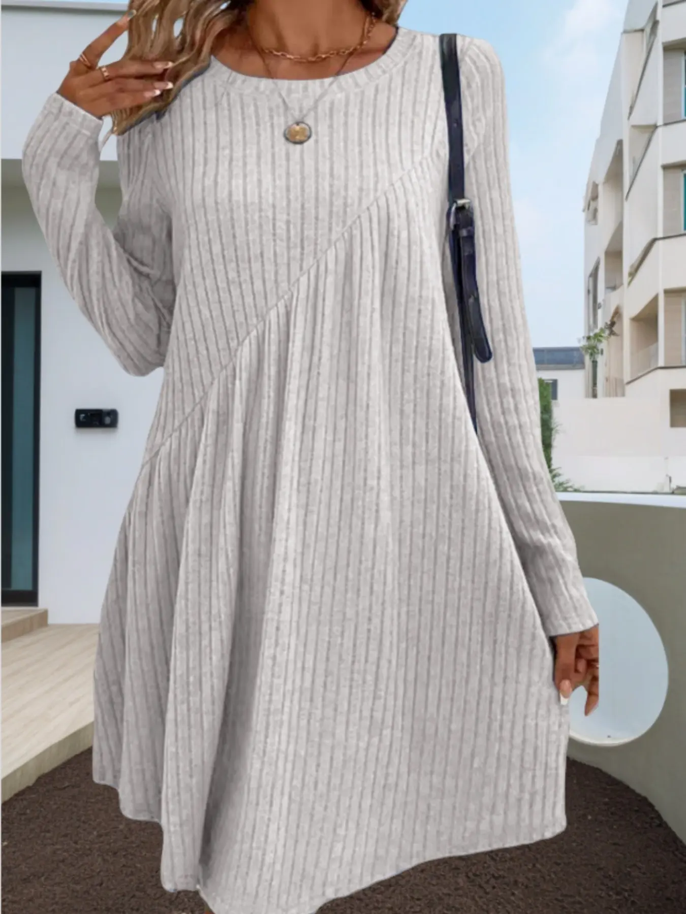 Women’s Ribbed Knit Sweater Dress, Long Sleeve Crew Neck, A-Line Swing Mini Dress, Casual Loose Tunic Dress for Fall Winter