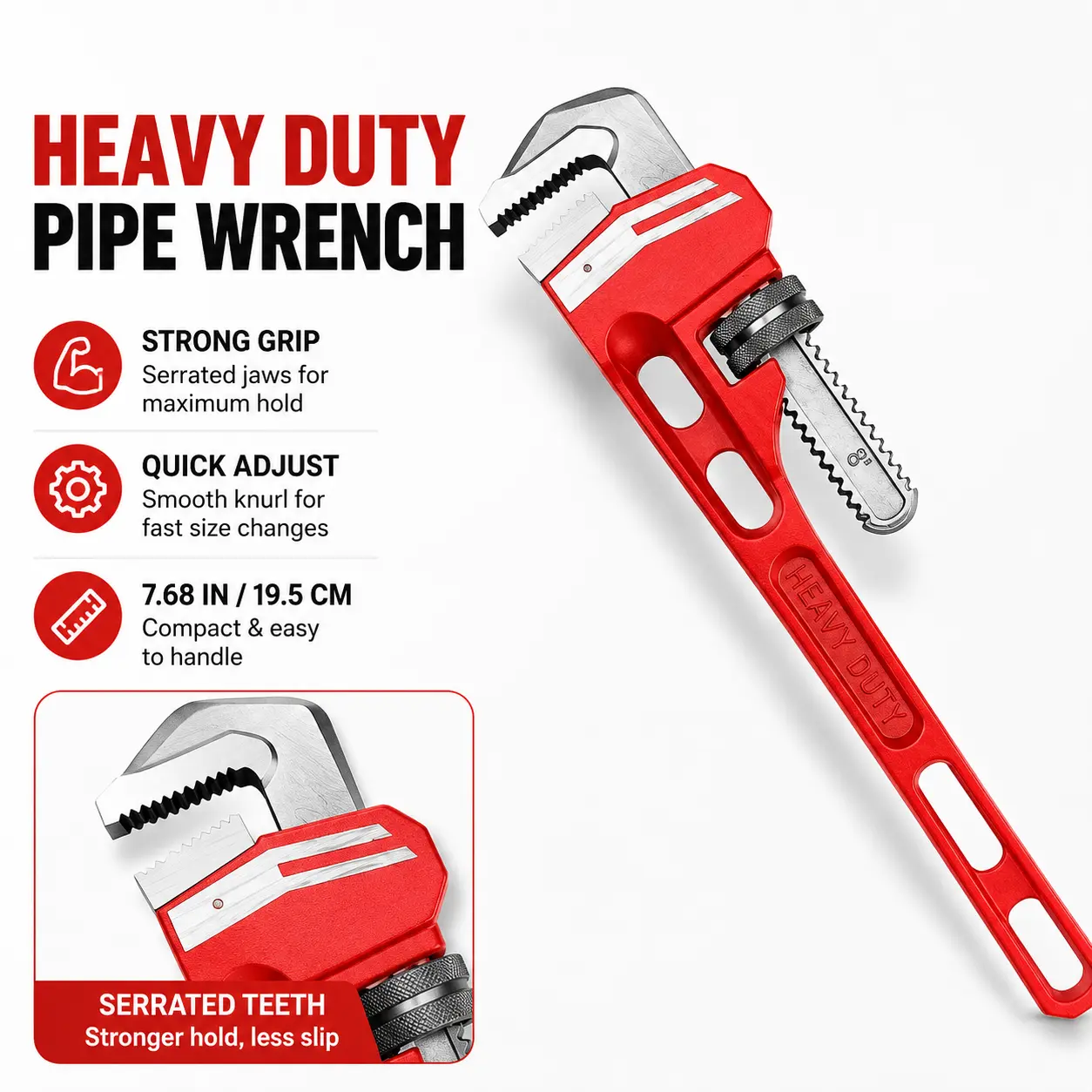 7.68 in Heavy Duty Adjustable Pipe Wrench, Plumbing Hand Tool with Serrated Jaws, Compact Grip, Quick-Adjust for Home Maintenance, DIY, Pipe Repair