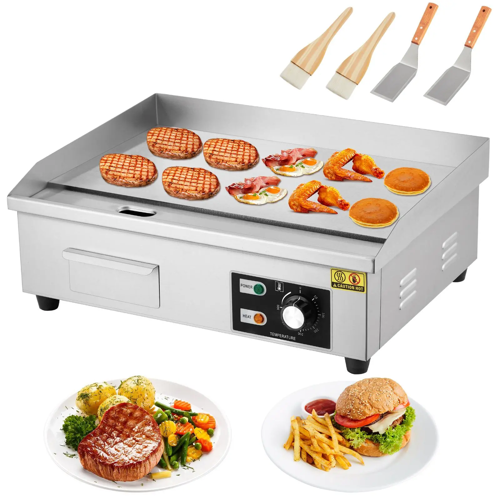 1600W Power Commercial Electric Griddle - 21in Stainless Steel Rectangular Flat Top Non-Stick Teppanyaki Grill, Countertop Adjust Temp. BBQ Pancake Breakfast Maker w/2 Shovels & 2 Brushes for Home/Restaurant