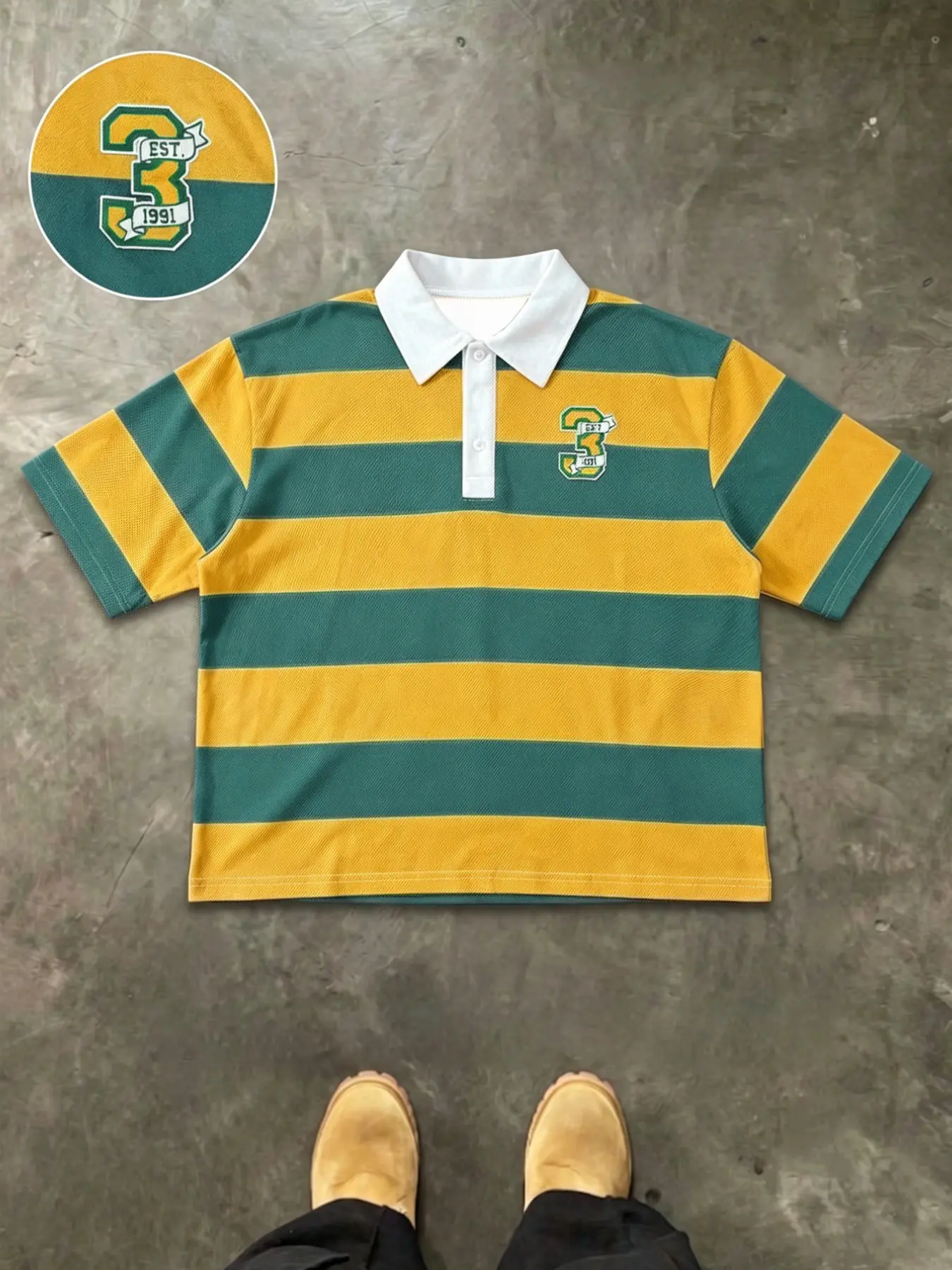 Men's Vintage American Campus Blue Striped Polo Shirt, Retro Loose Fit Drop Shoulder Turn-Down Collar Short Sleeve