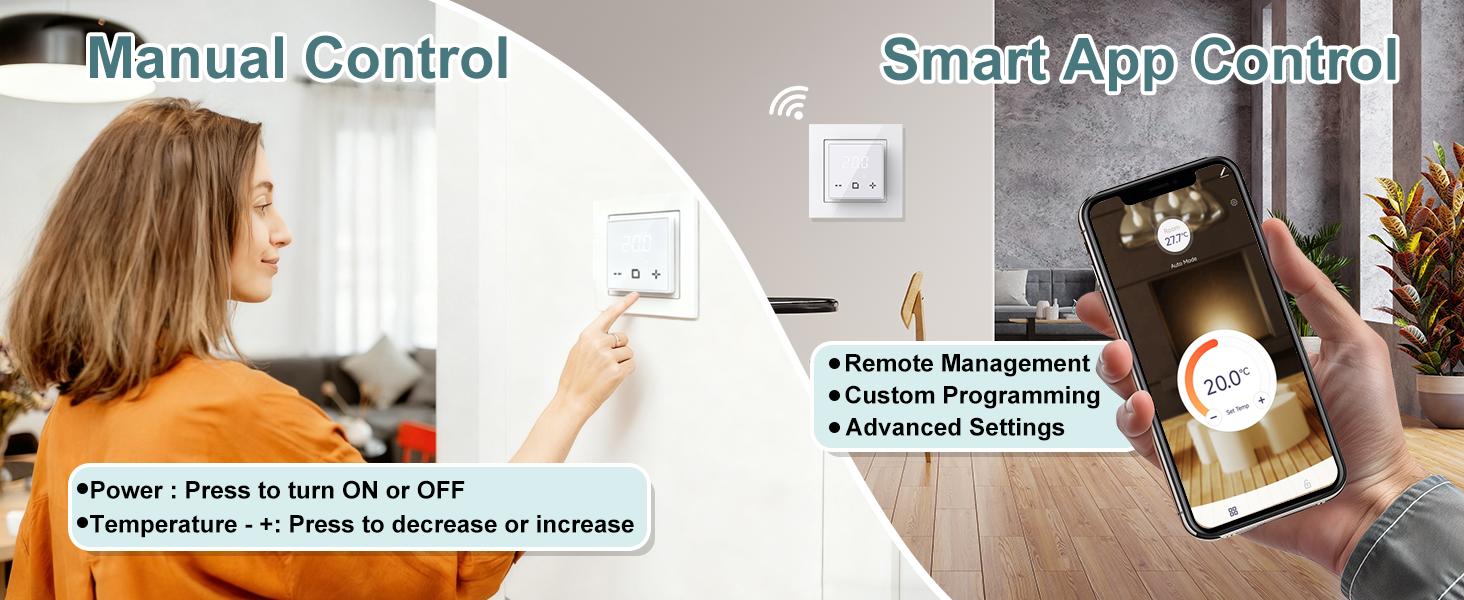 Programmable Thermostat, WiFi Thermostat for Radiant Heating with Touchscreen, 120V-240V Wide Voltage, Dual Sensing, Black