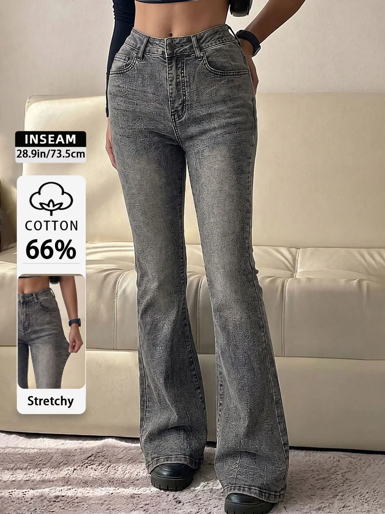 Women's High Waisted Flared Jeans, Trendy Street Style Distressed Denim Pants with Snow Wash, Whiskering & Pinch Details, Slim Fit Stretchy Bottoms for Summer Casual Everyday Wear
