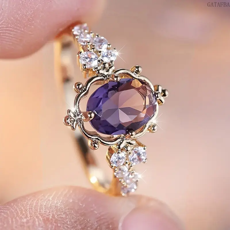 Sweet Princess Style Micro Inlaid Purple Simulated Zircon Ring for Women, Delicate Daily Fashion Finger Jewelry