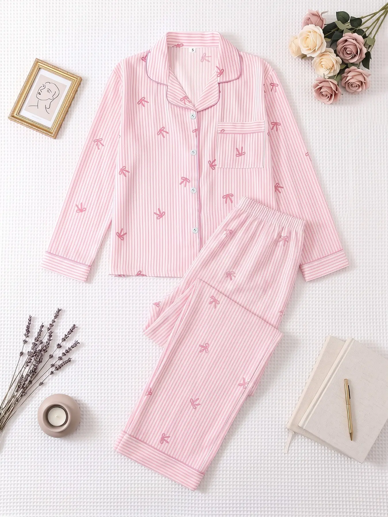 Women's Two-Piece Spring Fall Pajama Set, Long Sleeve Button-Up Shirt and Pants, Casual Home Wear, Striped Butterfly Print