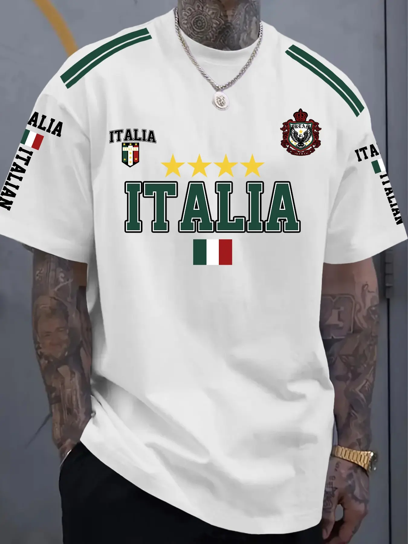 Men's Vintage Italia T-Shirt, Retro Team Style, Four Star Flag Print, Crown Eagle Shield Badge, Polyester, Casual Home Wear