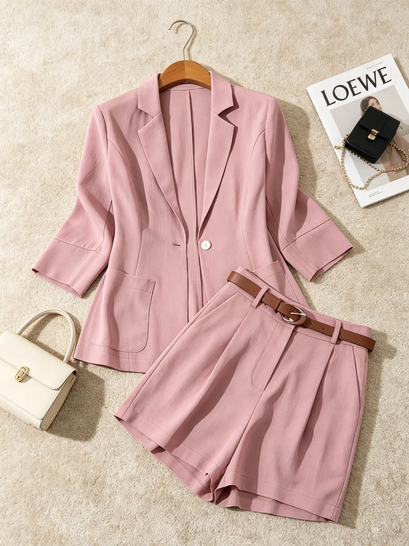 Two piece women's seven quarter sleeve commuting thin suit set, Women Suits, Formal casual suit, one button down waist jacket+slimming shorts, suitable for summer, daily commuting, business and social activities