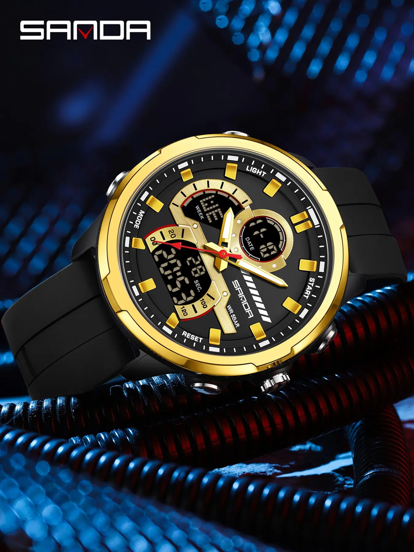 1Set SANDA 9077 Double Large Dial Men's Sports Electronic Watch 50M Waterproof And Shockproof Luminous Outdoor Multifunctional Sports Watch For Students