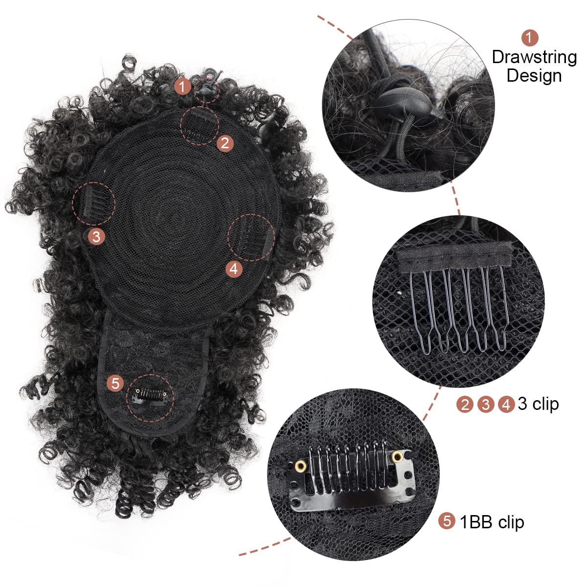 THE WELL KEPT Drawstring Ponytail with Bangs Pineapple Updo Hair for Black Women, Short Kinky Curly Ponytail Bun (1B)