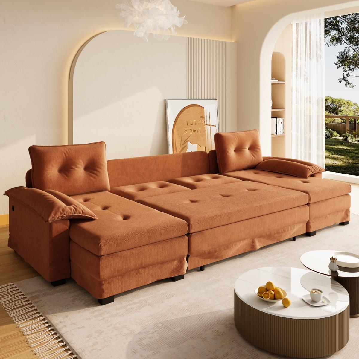 109.5" U-Shaped Sleeper Sofa with Pull Out Bed,2 in 1 Convertible Couch Bed with Removable Armrests & USB Ports,Oversized Sectional Modular with Chaise Lounge for Living Room/Apartment,Orange    RR