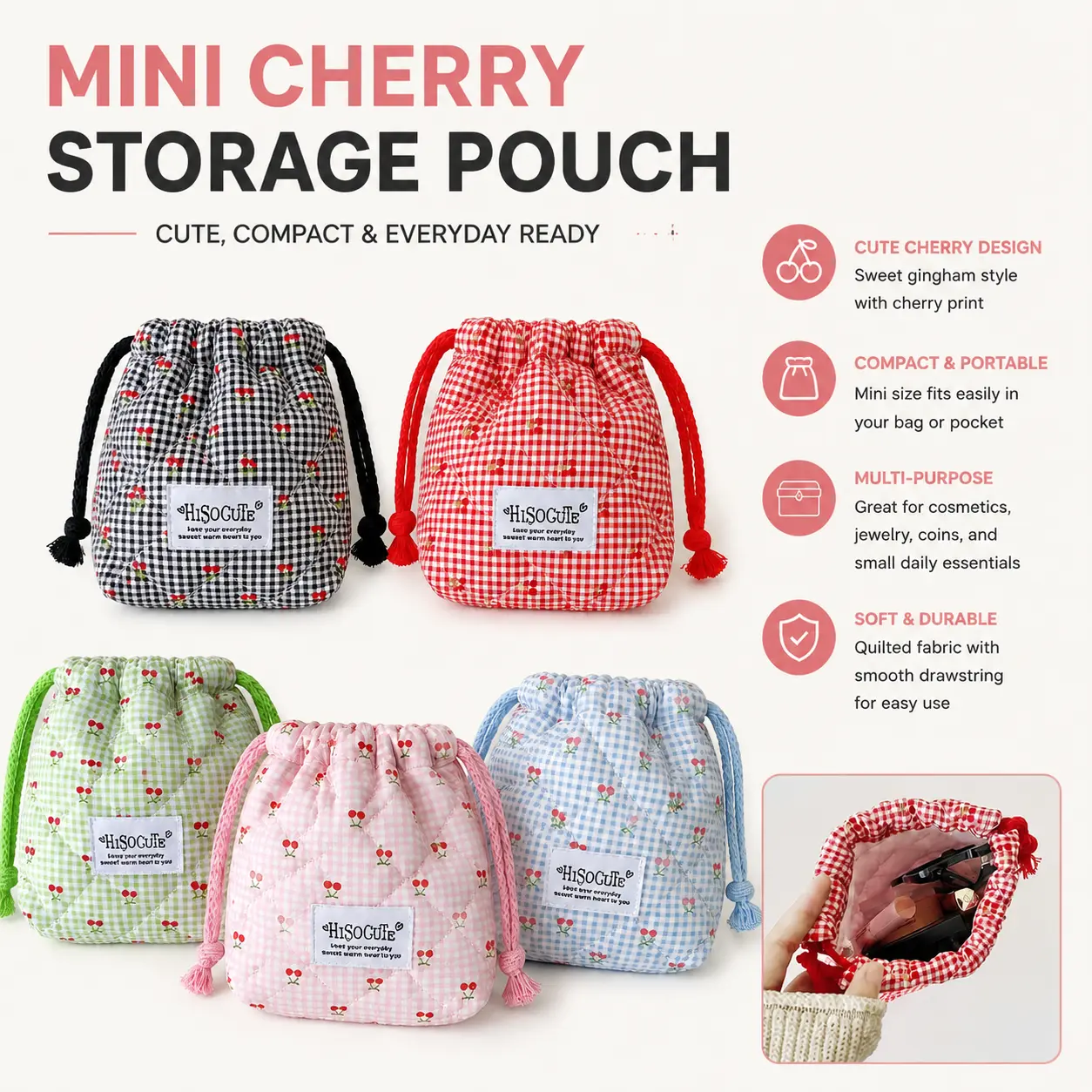 Korean Style Girl Cartoon Drawstring Makeup Bag, Cute Cherry Storage Pouch, Student Portable Travel Wash Bag, Handheld Cosmetic Pouch, Essential Organizer, Cosmetics Bag-YY0