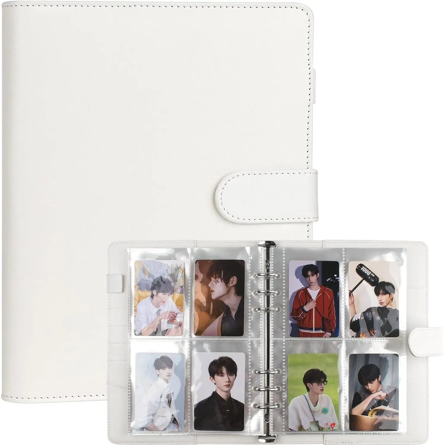 A5 Kpop Photocard Binder Album, 6 Ring Binder with 200 Card Slots, PU Leather Cover with Magnetic Buckle Closure, Trading Card Organizer - White