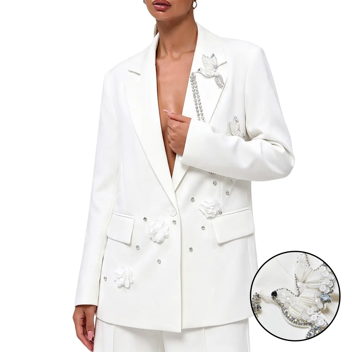 ASANDY Womens White Oversized Blazer Notched Lapel Double Breasted 3D Floral Bird Rhinestone Chain Decorated Suit Jacket Elegant Luxury Outerwear For Wedding Party Evening Business Formal Occasion Daily Street Outfit