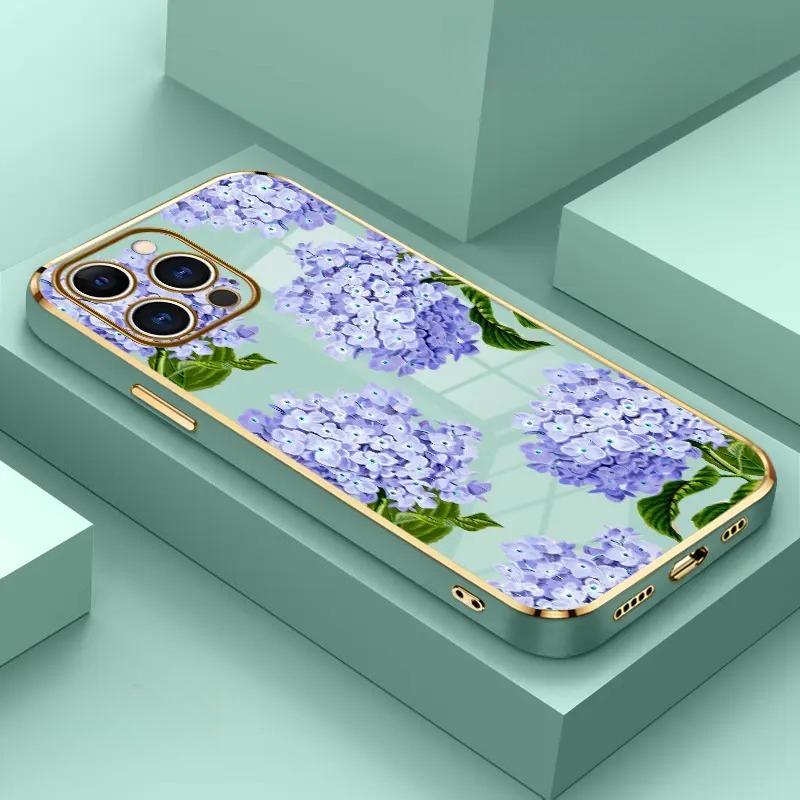Electroplated TPU Phone Case Lavender Hydrangea Grace Pattern Classic Straight Design Scratch Resistant Softcase for iPhone 17 15 Pro Max 16 14 Plus 13 12 11