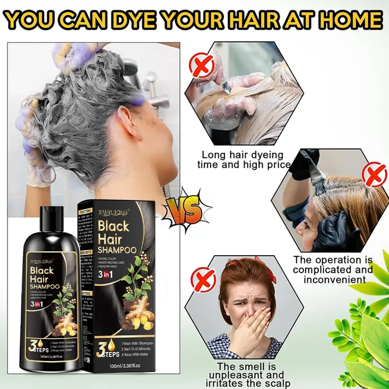 3-in-1 Hair Color Shampoo (Natural Black) – Covers Gray Hair, Herbal & Ginseng Extract, Gentle on Scalp, Mild, Nourishing, Moisturizing, Hydrate, Cleansing & Easy to Wash, Hydrating for Autumn & Winter, Haircare, Hair Darkening Shampoo